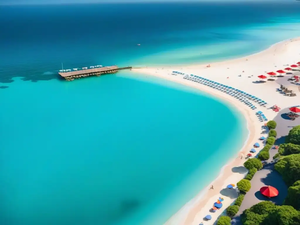 Encanto costero: playa con sombrillas vibrantes y paseo animado Vista aérea de un pintoresco pueblo costero con sombrillas en la playa y aguas turquesa, reflejando la esencia de destinos turísticos costeros