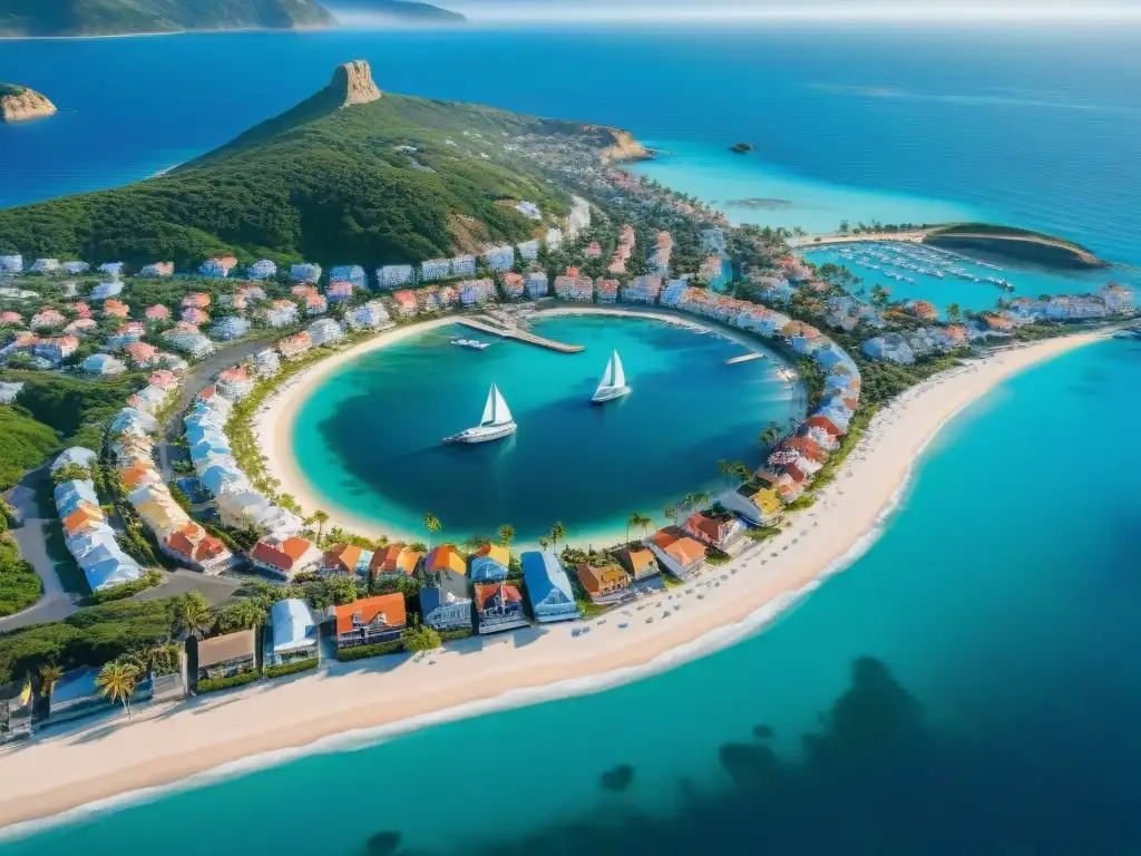 Encantador pueblo costero: casas coloridas, aguas azules y tranquilidad Vista aérea de un pintoresco pueblo costero con playas de arena, casas coloridas y aguas azules