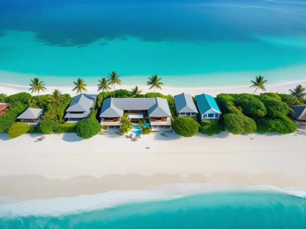 Paraíso costero: villa de lujo frente al mar Vista aérea de una playa paradisíaca con villa frente al mar y palmeras