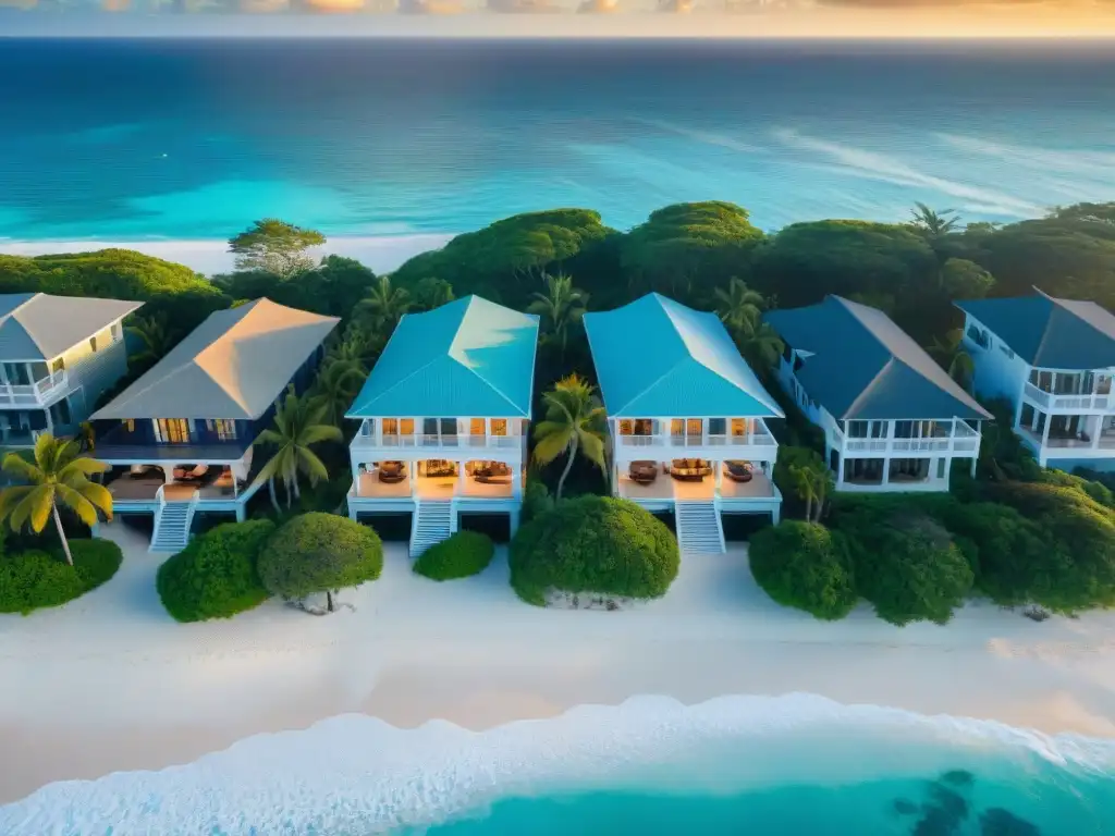 Paraíso costero: Casas de lujo en playa paradisíaca Vista aérea de playa paradisíaca con casas de diseño moderno en venta