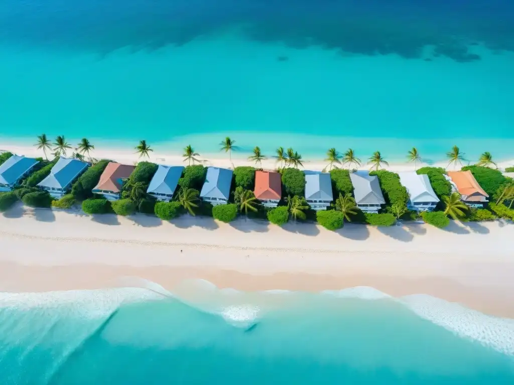Playa paradisíaca con alojamientos vacacionales seguros Vista aérea de una playa serena con aguas turquesas, palmeras y coloridas plataformas alquiler vacacional seguras viajero
