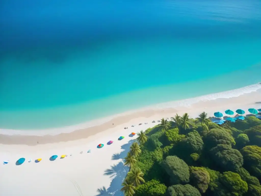 Paraíso tropical: playa de arena blanca y aguas turquesas Vista aérea de playa tropical con aguas turquesas, palmeras y sombrillas