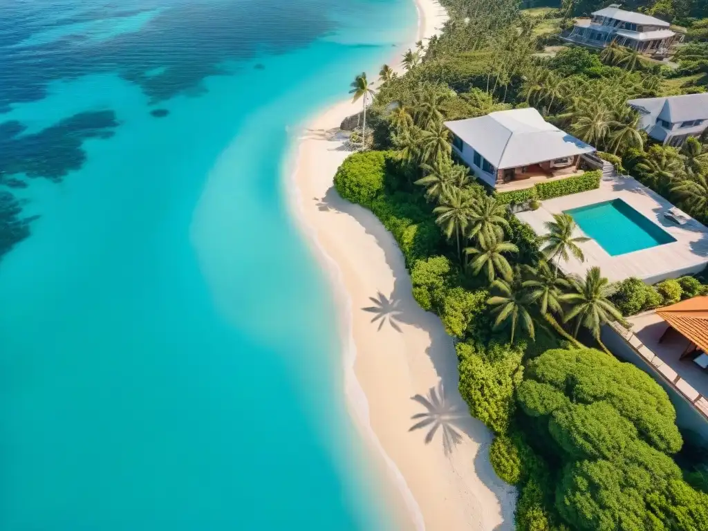 Propiedad costera: lujo y riesgos en paraíso turquesa Vista aérea de propiedad costera con palmeras y playa turquesa, resaltando los riesgos al comprar propiedades costeras