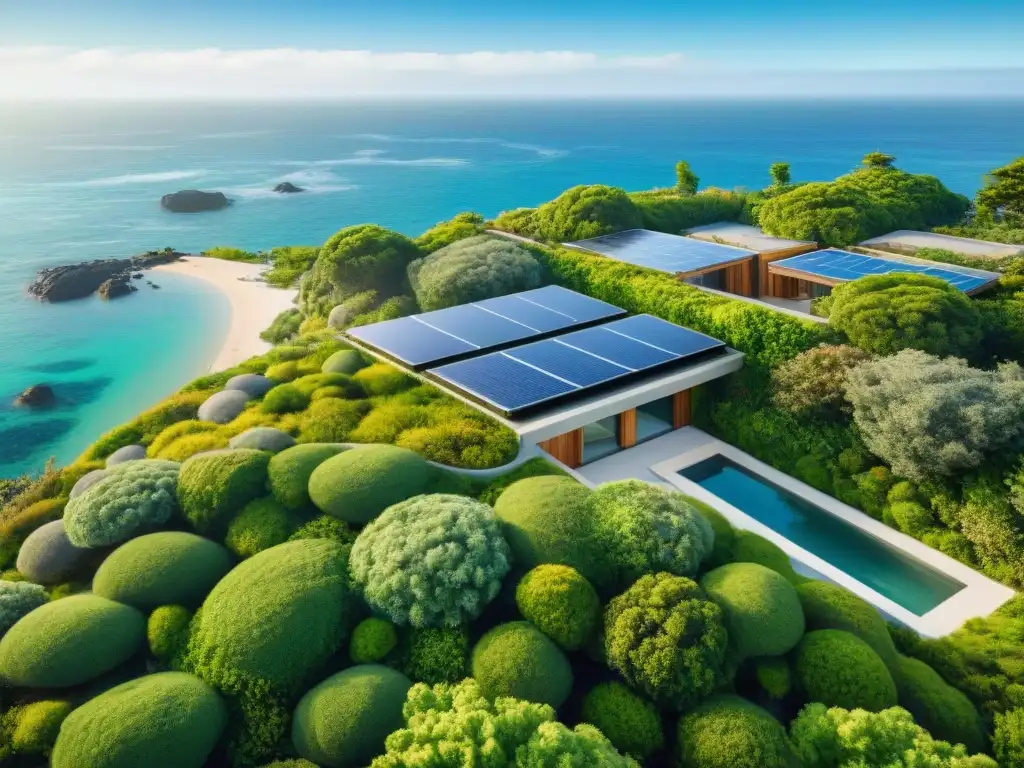 Propiedad costera con jardines verdes: armonía natural Vista aérea de propiedad costera con techos verdes que armonizan con la naturaleza