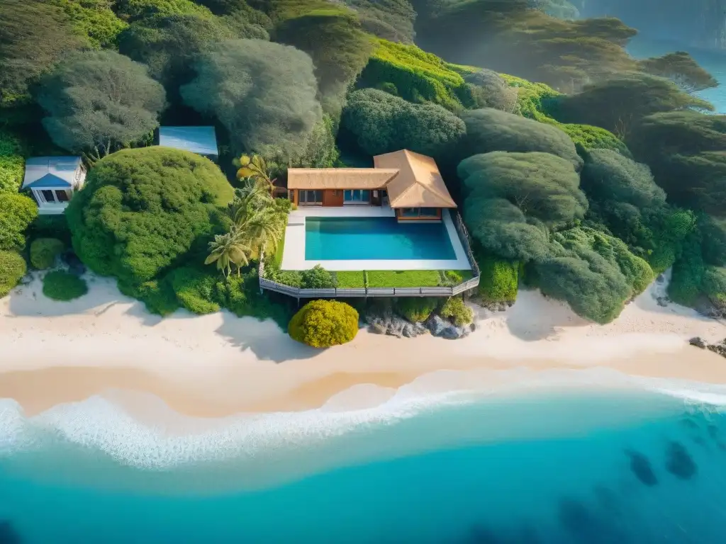 Paraíso costero: casa moderna con vista al mar y pareja en hamaca Vista aérea de una propiedad costera con casa moderna, playas, pareja en hamaca