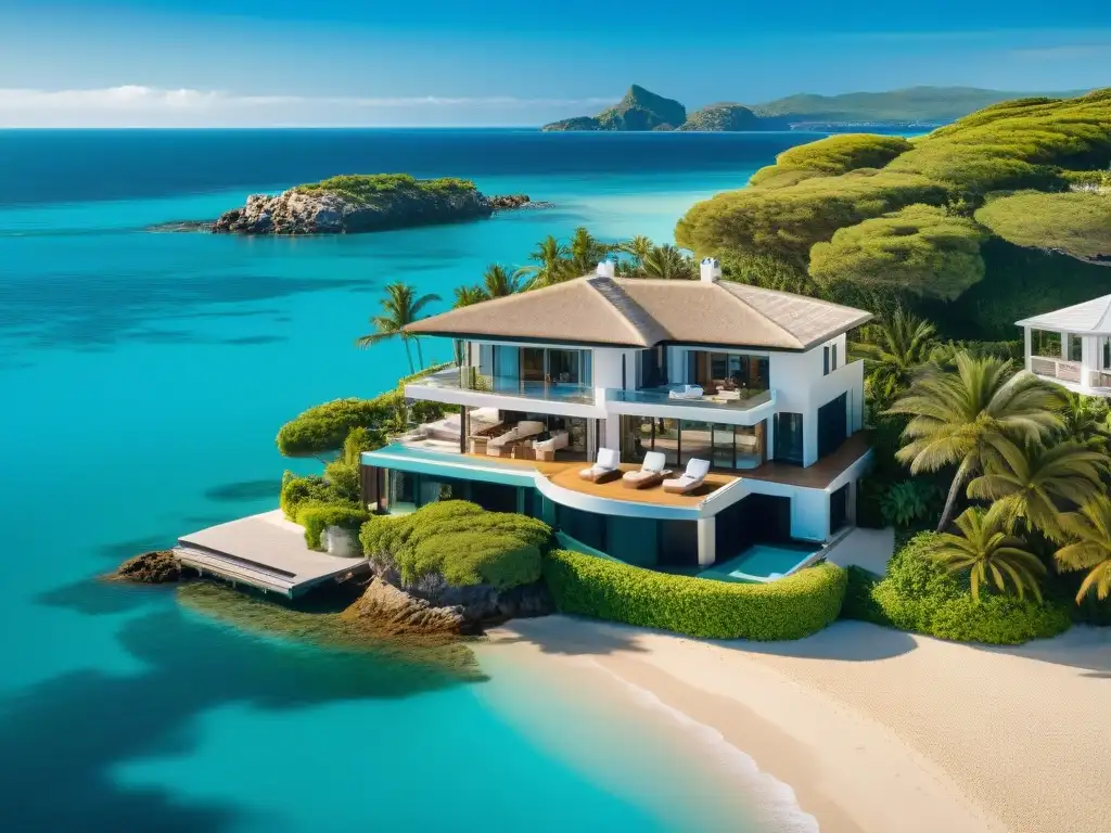 Residencia de lujo en la costa: casa moderna frente al mar Vista aérea de propiedad costera con casa moderna frente al mar, palmeras y yate