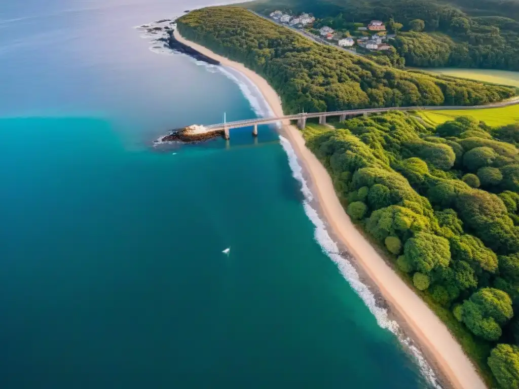Puente costero integrado: valor de préstamos puente Vista aérea de propiedad costera con puente integrado en paisaje, resaltando créditos puente propiedades costeras vida