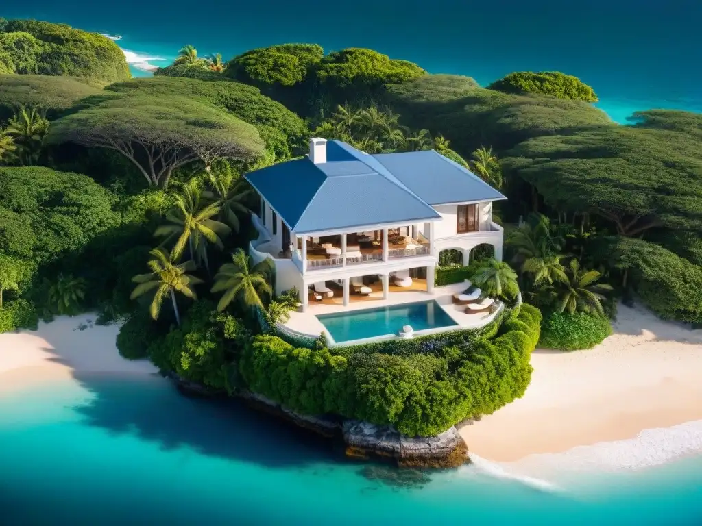Paraíso costero: villa de lujo entre palmeras y aguas cristalinas Vista aérea de propiedad costera salvó con villa lujosa, palmeras y agua cristalina