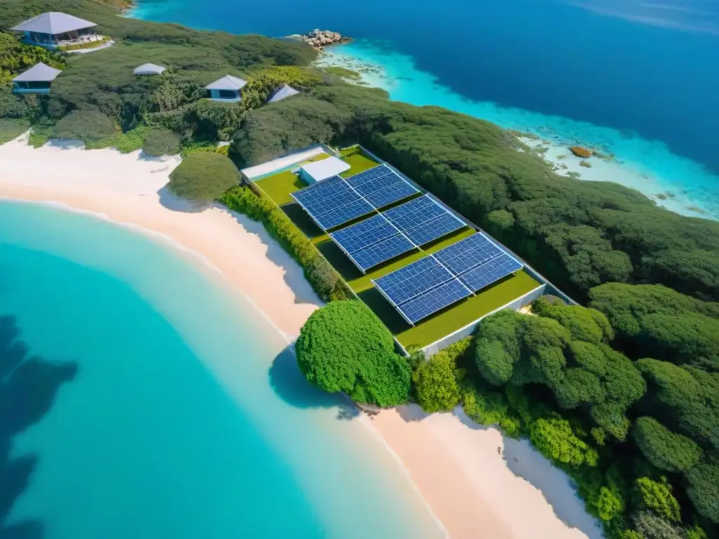 Propiedad costera sostenible con energía solar y paisajismo nativo Vista aérea de una propiedad costera moderna con innovaciones sostenibles y paisaje natural