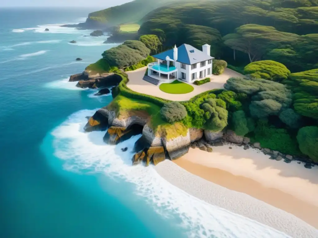Propiedad costera: serenidad y belleza del paraíso Vista aérea de propiedad costera con olas suaves y exuberante vegetación