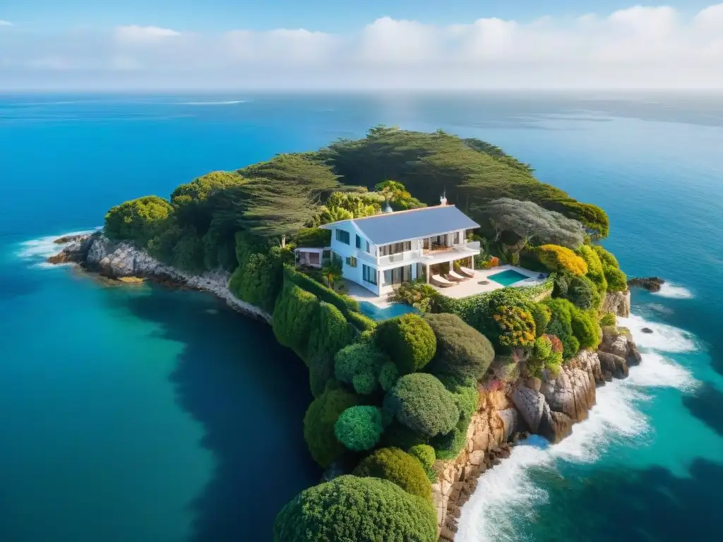 Propiedad costera: arquitectura, mar y naturaleza en armonía Vista aérea de propiedad costera rodeada de vegetación exuberante y mar azul, ideal para Seguros para propiedades costeras