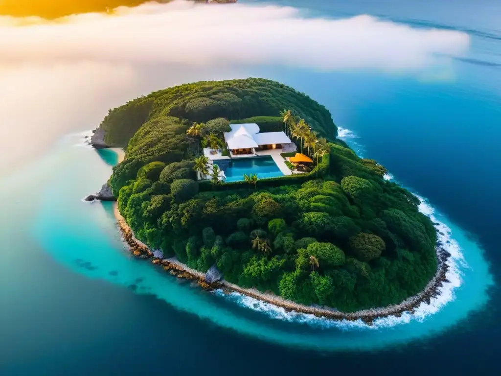 Propiedad costera de lujo al atardecer: paraíso dorado frente al mar Vista aérea de una propiedad costera al atardecer, con tonos dorados reflejados en el agua, rodeada de exuberante vegetación