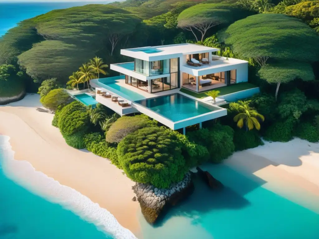 Propiedad costera de lujo: mansión moderna con vistas al mar Vista aérea de propiedad costera de lujo con mansión moderna, piscina infinita y exuberante vegetación tropical