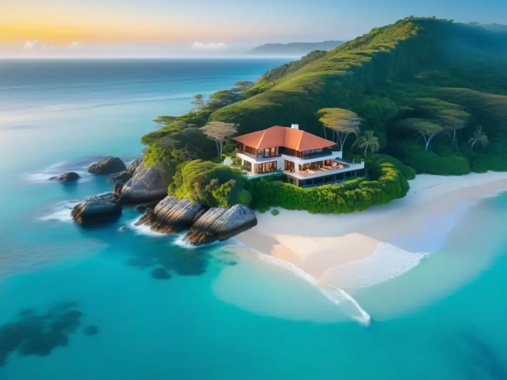 Propiedad costera de lujo al atardecer: elegancia y tranquilidad Vista aérea de propiedad costera al atardecer con playa, aguas turquesas y vegetación exuberante