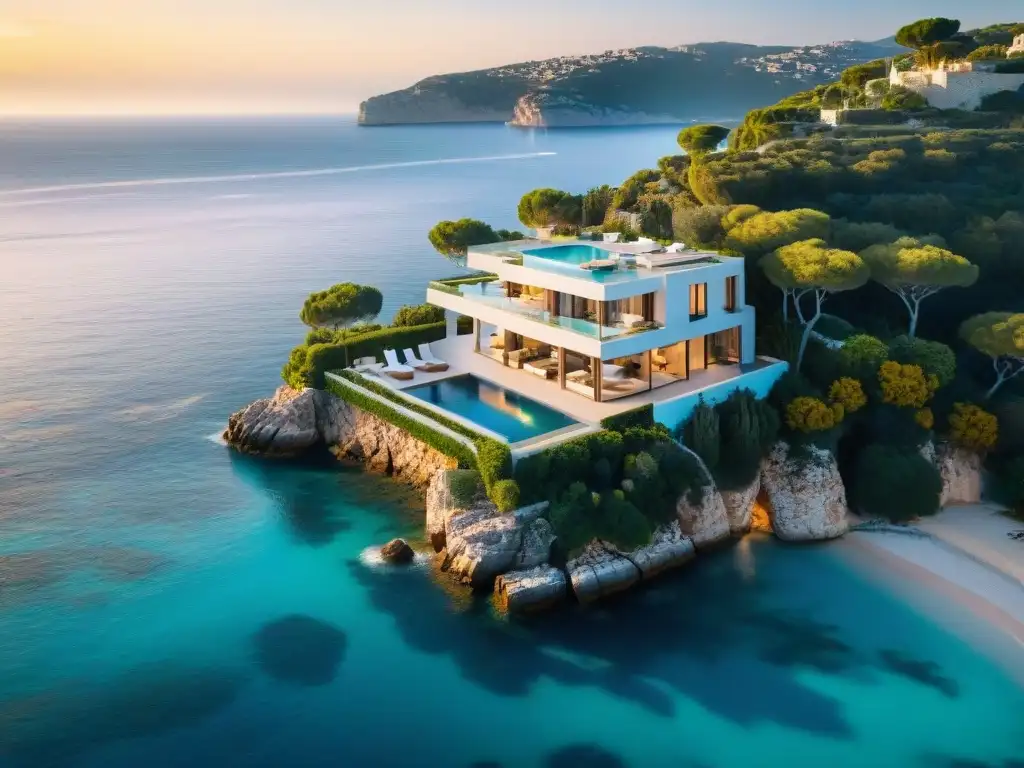 Villa de lujo en acantilado con vistas al mar Mediterráneo Vista aérea de propiedad costera exclusiva del mundo con villa moderna, infinity pool y vistas al mar Mediterráneo al atardecer