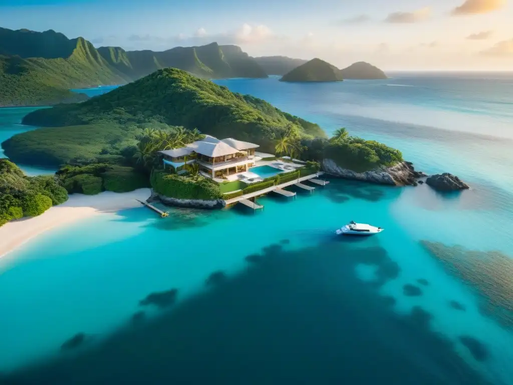 Propiedad costera de lujo con playa privada y piscina infinita Vista aérea de propiedad costera de lujo con playa privada, piscina infinita y jardines tropicales