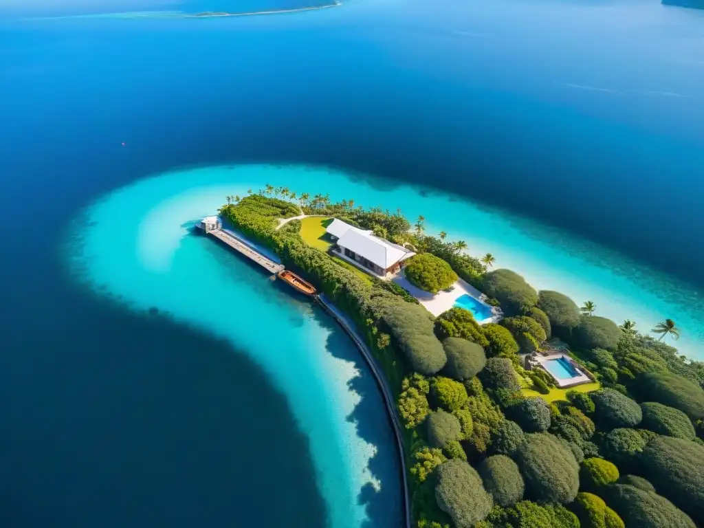 Propiedad costera de lujo con muelle privado y lujoso yate Vista aérea de propiedad costera de lujo con muelle privado y yate, en aguas turquesa