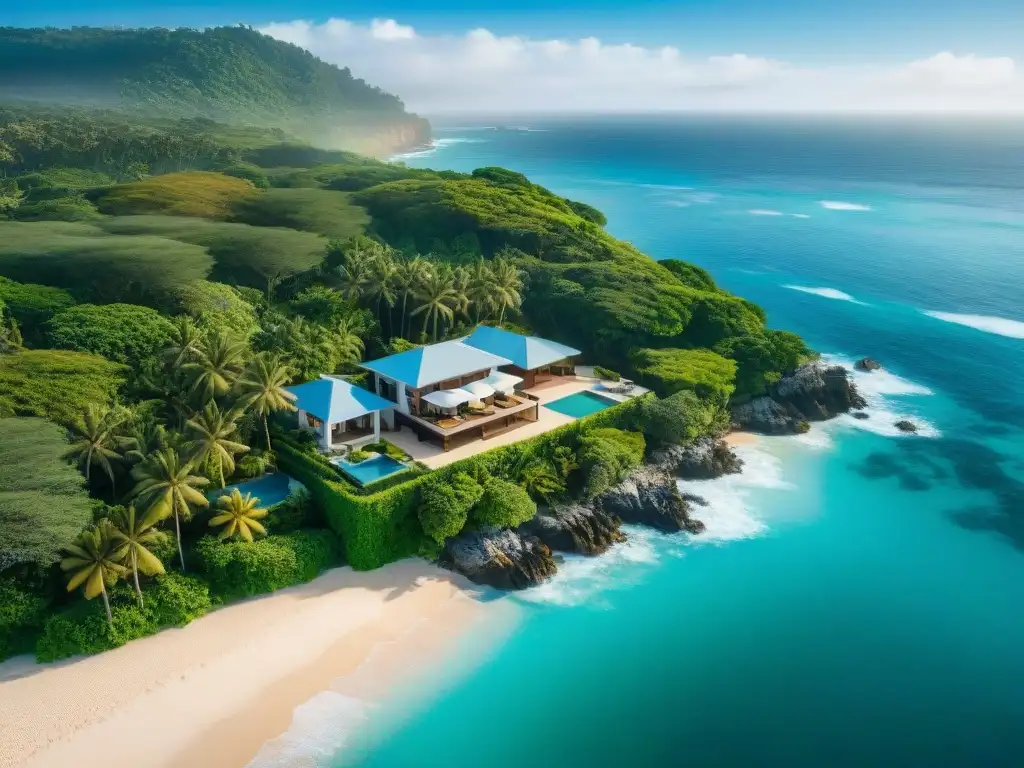 Inversión inmobiliaria costera: ¡Imagina tu paraíso junto al mar! Vista aérea de propiedad costera con aguas azules, vegetación exuberante y playa de arena, ideal para financiamiento colaborativo