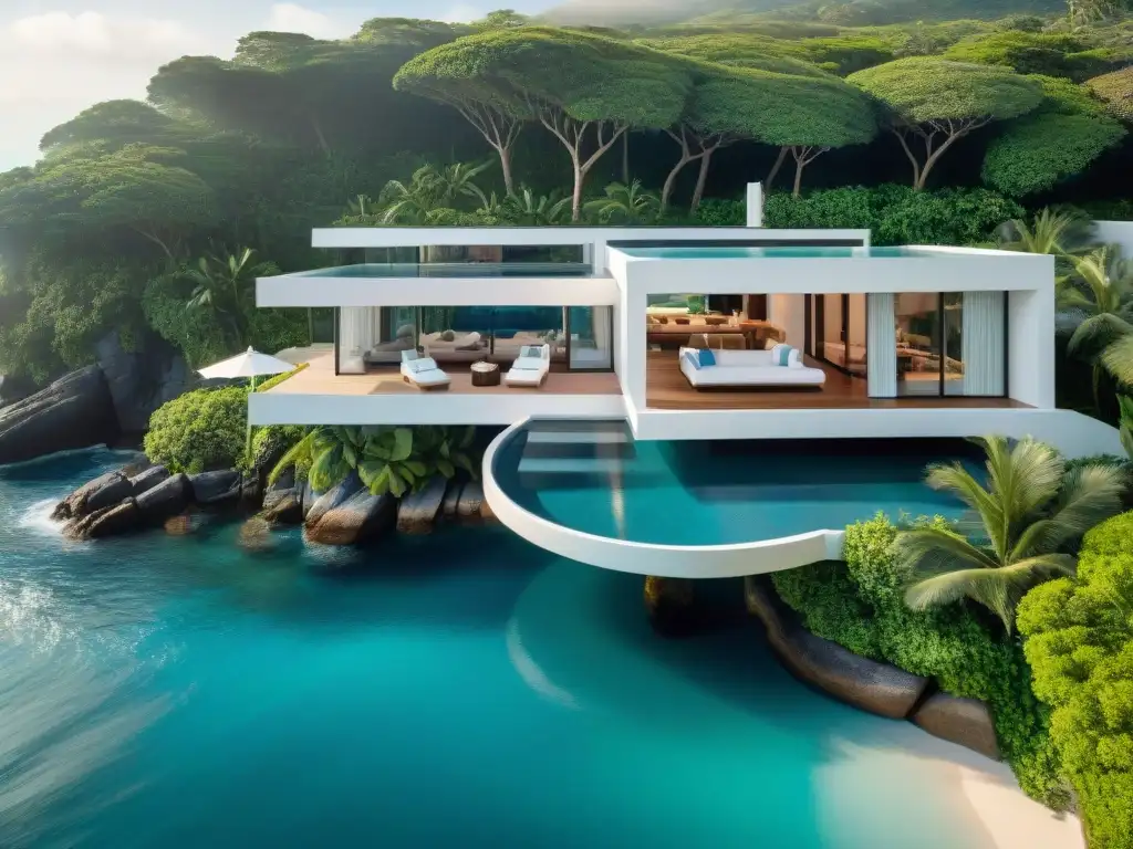 Propiedad costera de lujo con piscina infinita privada y vistas al mar Vista aérea de propiedad costera de lujo con diseño moderno y piscina infinita privada integrada al mar
