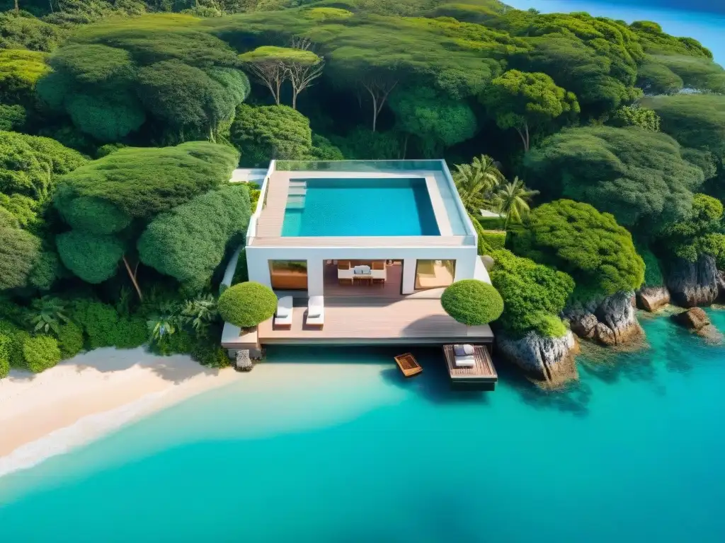 Propiedad de lujo frente al mar: diseño moderno, piscina infinita y terraza espectacular Vista aérea de propiedad costera de lujo entre vegetación exuberante y aguas turquesa cristalinas, con piscina infinita y terraza al aire libre