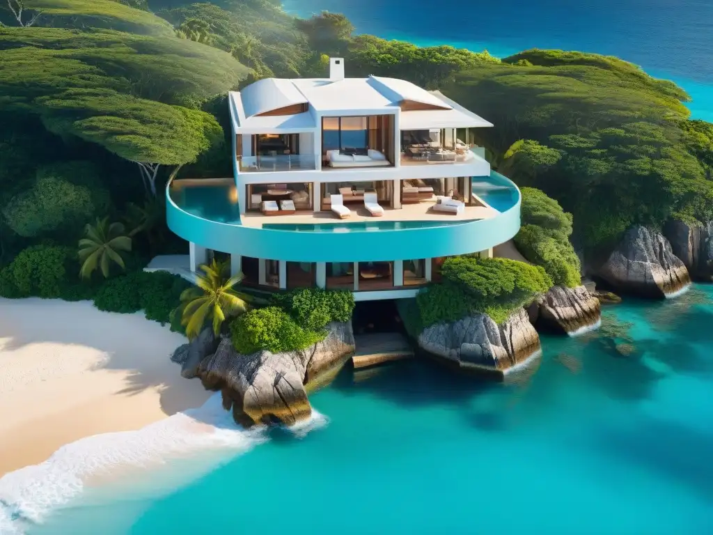Propiedad costera de lujo: fusionando modernidad y naturaleza Vista aérea de propiedad costera de lujo con piscinas infinitas y jardines tropicales, ideal para Seguros de lujo para propiedades costeras