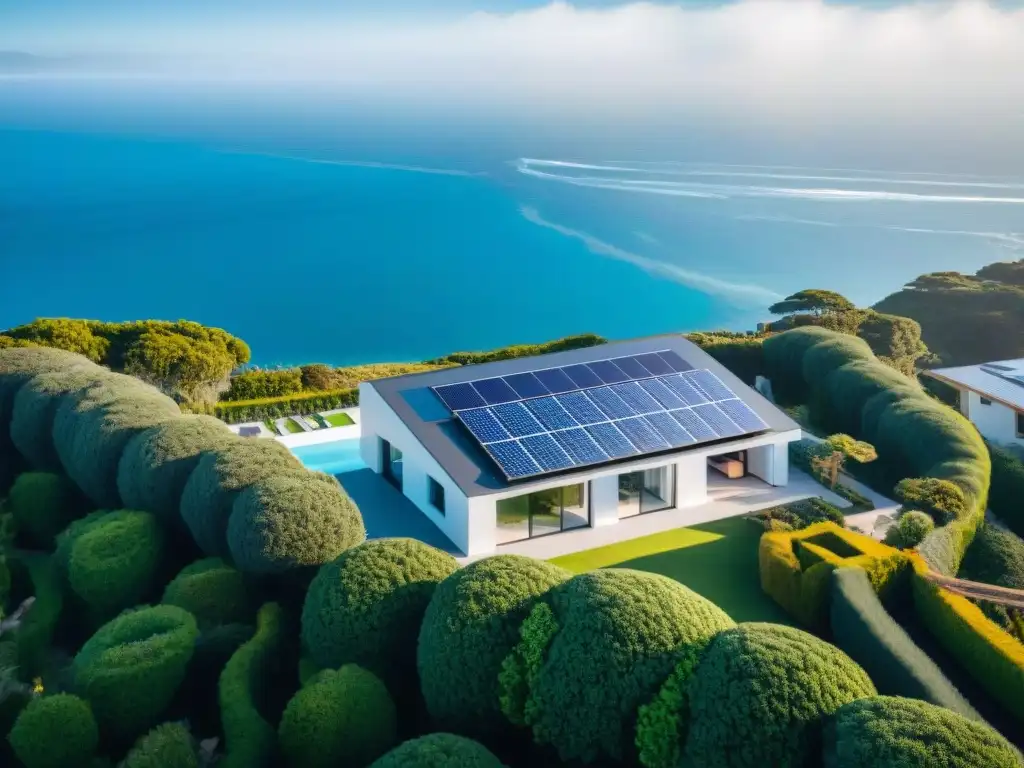 Propiedad costera de lujo con tecnología inteligente integrada Vista aérea de propiedad costera moderna con tecnología domótica integrada, paneles solares y vistas al mar