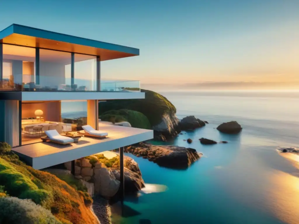 Propiedad costera futurista: domótica y naturaleza en armonía al atardecer Vista aérea de propiedad costera moderna al atardecer con domótica en propiedades costeras
