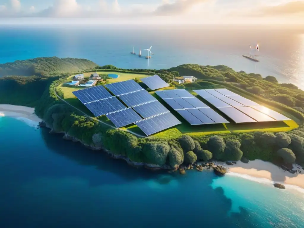 Propiedad costera sostenible: energía solar y eólica en acción Vista aérea de propiedad costera moderna con energías renovables integradas, rodeada de exuberante vegetación y océano