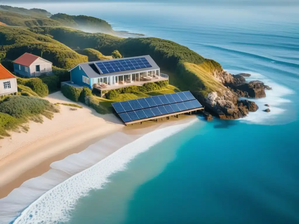 Energía solar en costa: integración sostenible con vistas al mar Vista aérea de una propiedad costera con paneles solares, reflejando la luz del sol en un paisaje sereno
