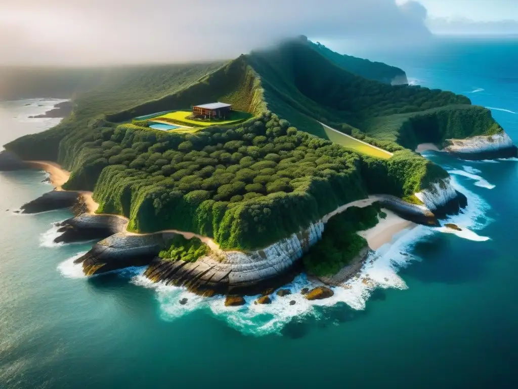 Propiedad costera innovadora: arquitectura sostenible y naturaleza Vista aérea de propiedad costera integrada con diseño innovador y armonía natural