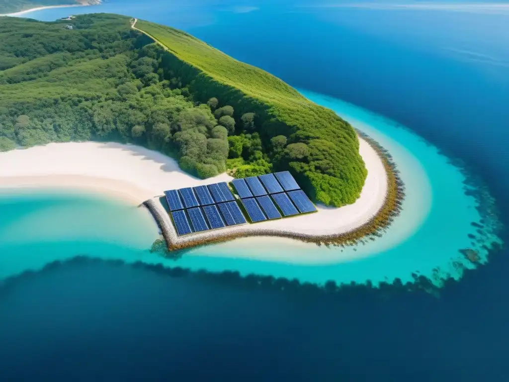 Propiedad costera sostenible: armonía eco-amigable en paraíso natural Vista aérea de propiedad costera sostenible con paneles solares brillantes, turbinas eólicas girando y una zona verde exuberante