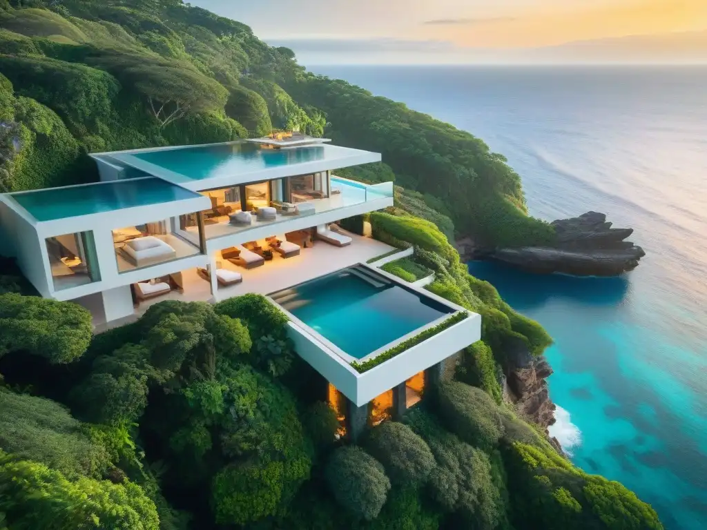 Residencia de lujo en acantilado con piscina infinita privada Vista aérea de propiedad costera de lujo con piscina infinita privada y atardecer dorado