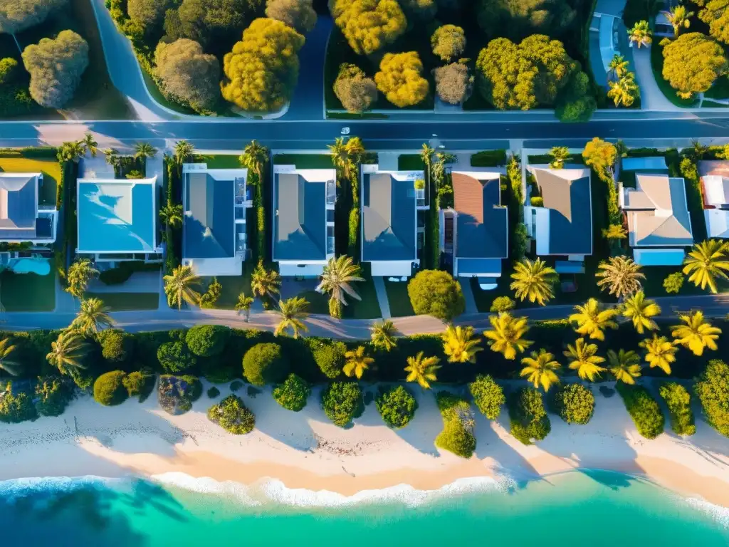 Costa lujosa: propiedades frente al mar en mercado vibrante Vista aérea de propiedades costeras lujosas y mercado inmobiliario vibrante