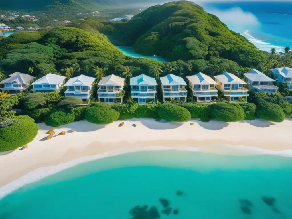 Costa paradisíaca con propiedades exclusivas y diversidad inmobiliaria Vista aérea de propiedades costeras con aguas turquesas, playas blancas y vegetación exuberante