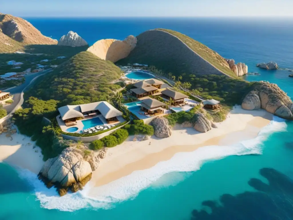 Cabo San Lucas: Lujo costero con vistas infinitas Vista aérea de propiedades costeras en Cabo San Lucas con diseño moderno, albercas infinitas privadas y vistas al mar