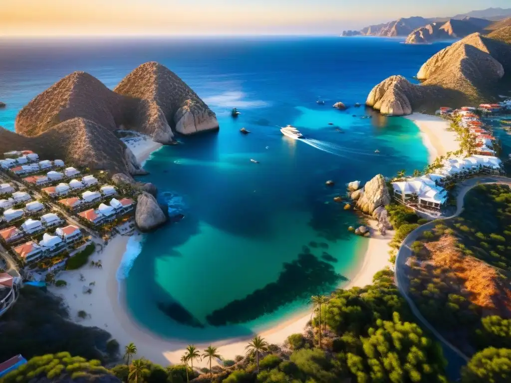 Costa de Cabo San Lucas: lujo y exclusividad en el atardecer Vista aérea de propiedades costeras en Cabo San Lucas al atardecer, con yates y palmeras, reflejando lujo y exclusividad