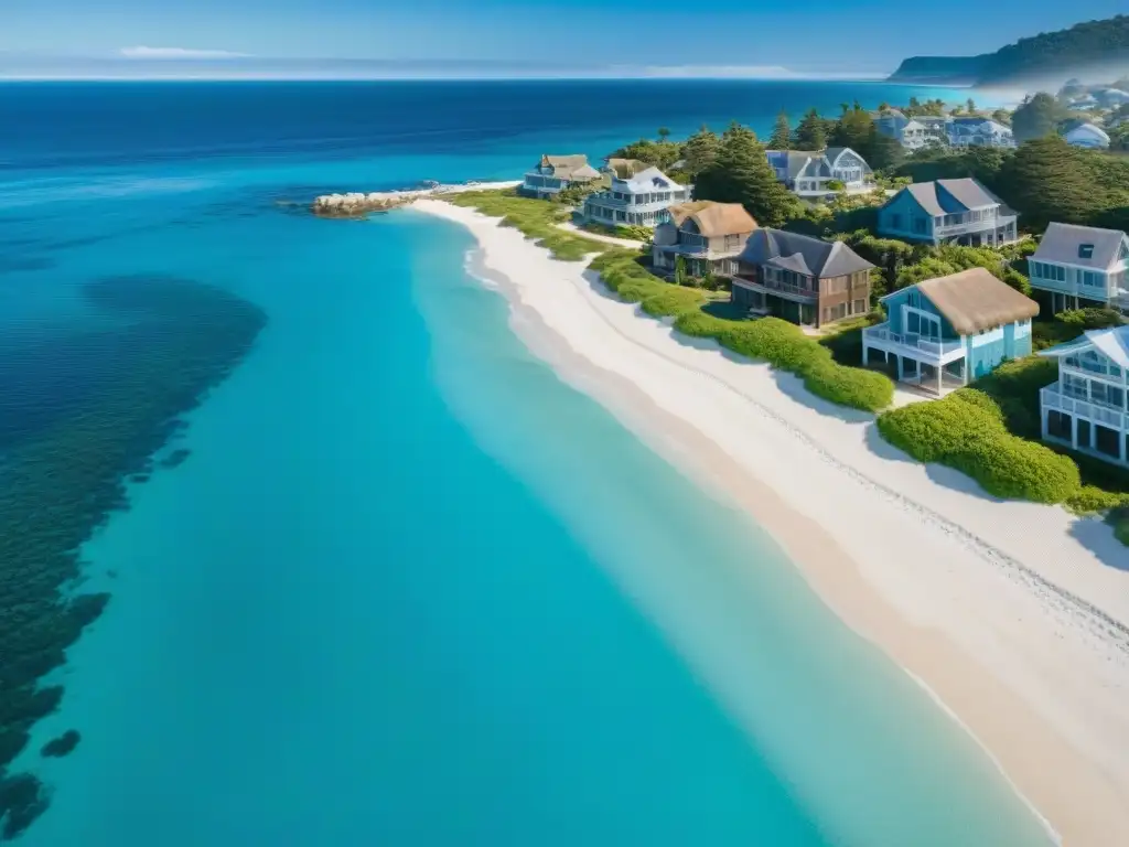 Costa paradisíaca: lujo y serenidad en propiedades frente al mar Vista aérea de propiedades costeras junto a una playa paradisíaca, ideal para financiamiento colaborativo para propiedades costeras
