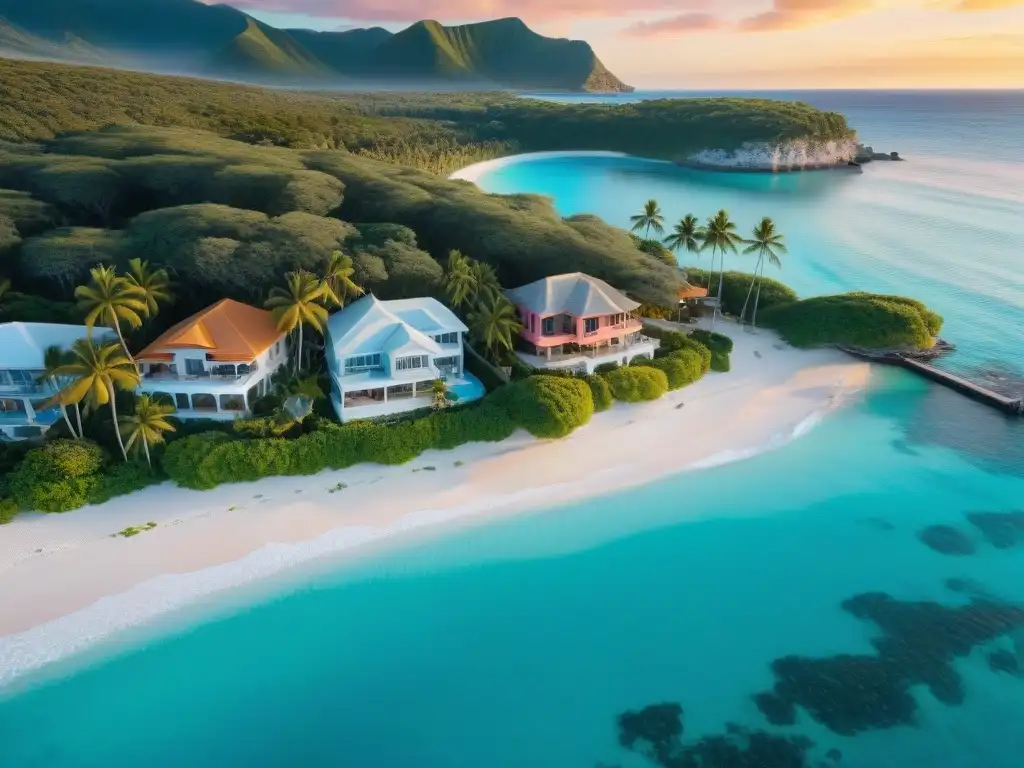Costa de ensueño: lujosas residencias frente al mar Vista aérea de propiedades costeras exclusivas con muelles privados, aguas turquesas y atardecer vibrante