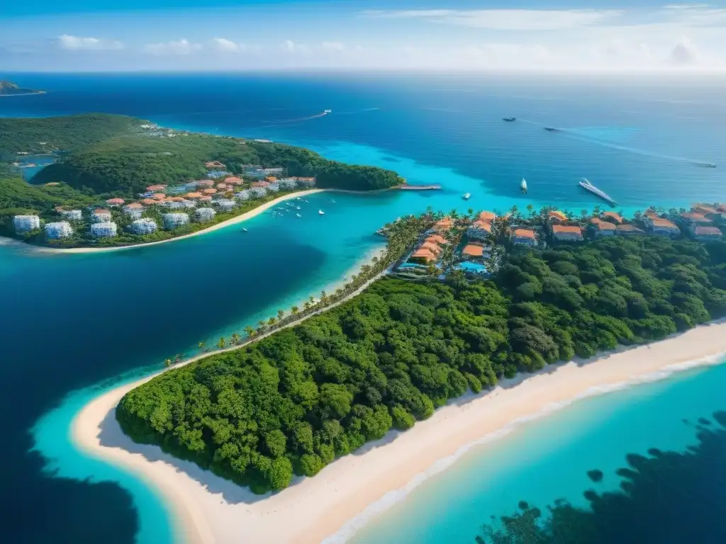 Propiedad costera de lujo: villas, marina y cafés exclusivos Vista aérea de propiedades costeras de lujo con marina, playas y cafés