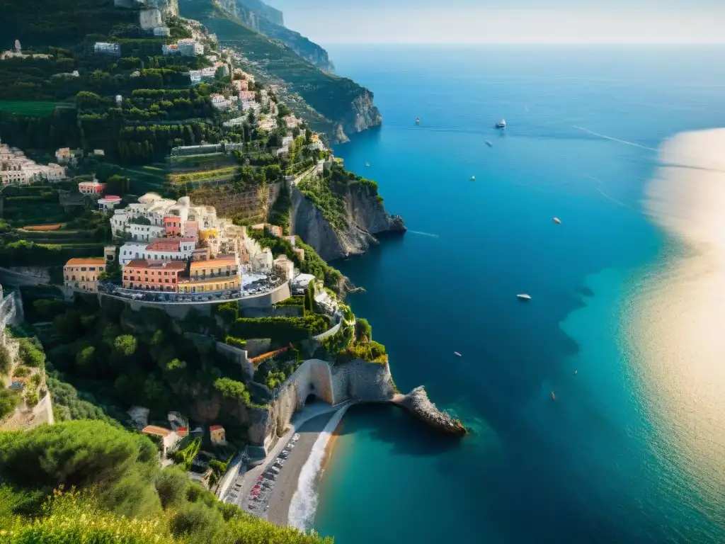 Costa Amalfitana: Pueblos coloridos y lujo junto al mar Vista aérea de propiedades costeras en la Costa Amalfitana con pueblos coloridos y resorts de lujo junto al mar Mediterráneo