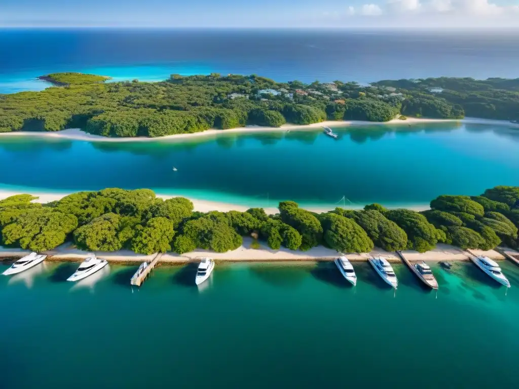 Exclusiva comunidad costera: playas, propiedades lujosas y marina Vista aérea de propiedades de lujo en comunidades costeras con playas, vegetación exuberante y un puerto lleno de yates