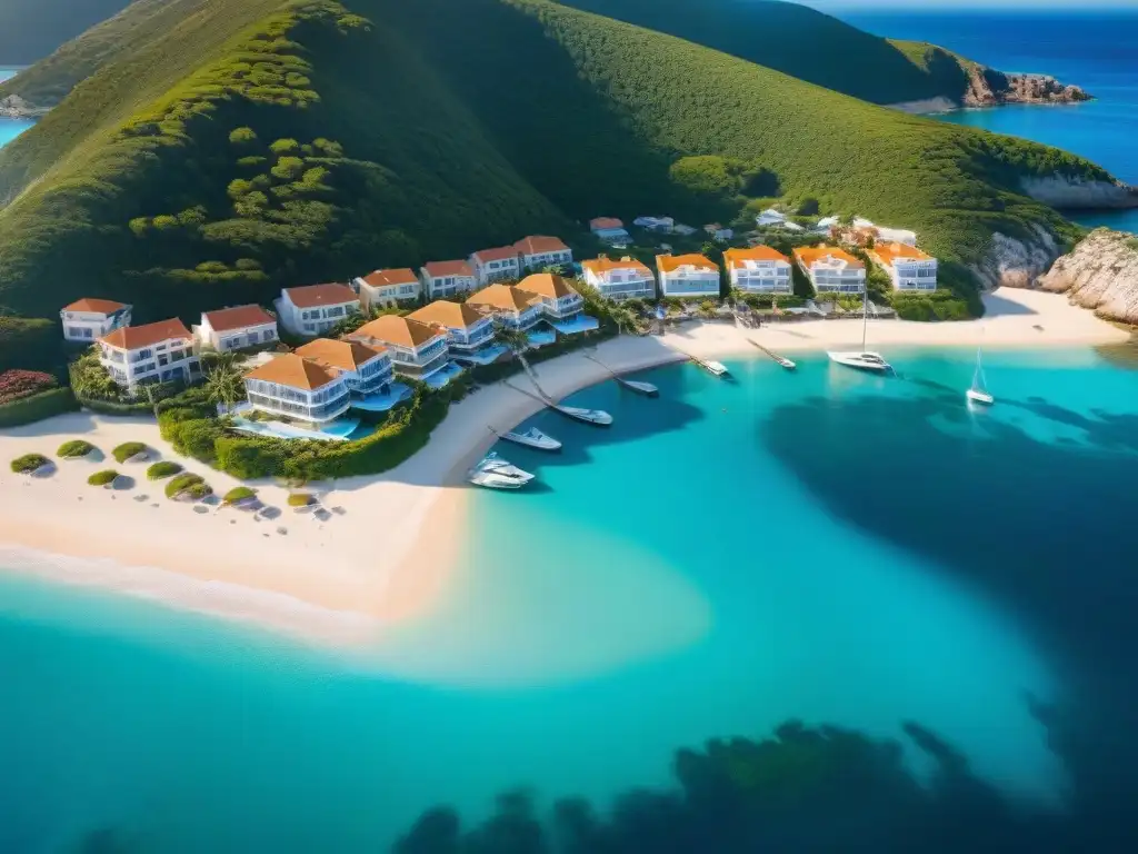 Costa de ensueño: inversiones inmobiliarias frente al mar Vista aérea de un próspero pueblo costero con propiedades frente al mar