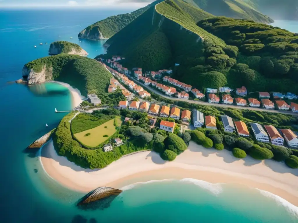 Paisaje costero armonioso entre tradición y modernidad Vista aérea de un pueblo costero entre naturaleza, reflejando armonía entre desarrollo humano y entorno