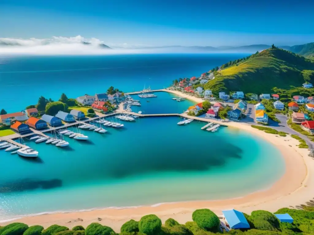 Encantador pueblo costero: casas coloridas, marina bulliciosa y niños felices bajo el cielo azul Vista aérea de un pueblo costero pintoresco con casas coloridas, un puerto bullicioso y niños jugando en la playa