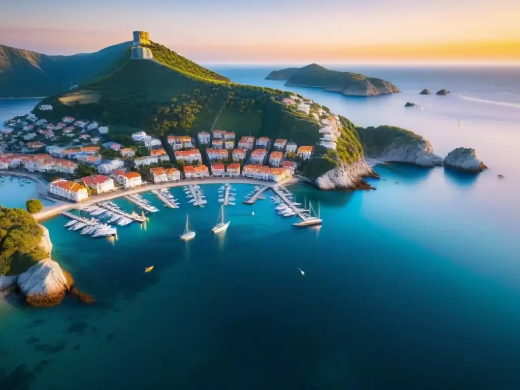 Costa paradisíaca: atardecer en pueblo costero ideal para invertir en 2023 Vista aérea de un pueblo costero pintoresco con casas de colores, playa cristalina y marina llena de veleros y yates al atardecer