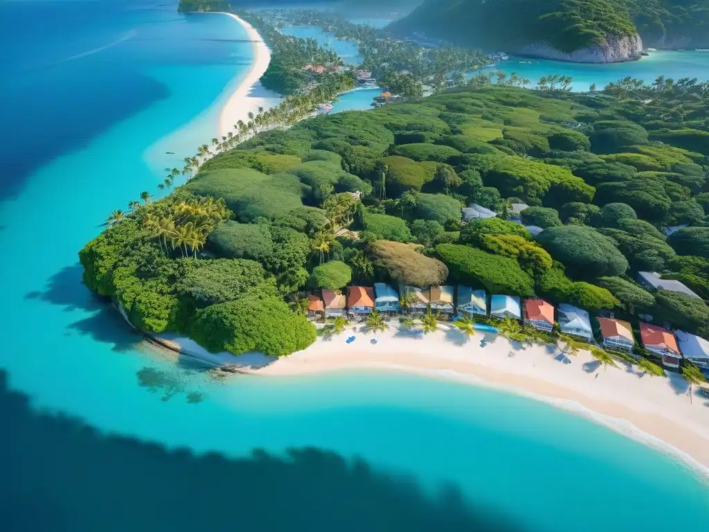 Paraíso costero: playa turquesa y edificios coloridos Vista aérea de pueblo costero con playa, aguas turquesas, vegetación exuberante y paseo marítimo encantador