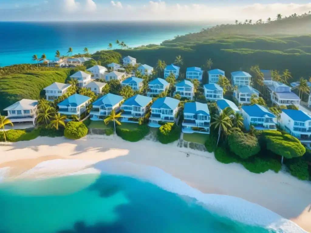 Costa paradisíaca: propiedades frente al mar en un pueblo pintoresco Vista aérea de un pueblo costero con propiedades frente al mar, reflejando lujo y tranquilidad