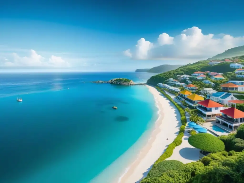 Propiedades de lujo frente al mar: estilo de vida costero sereno Vista aérea de un pueblo costero con playa tranquila y aguas cristalinas, ideal para planificación financiera propiedad costera