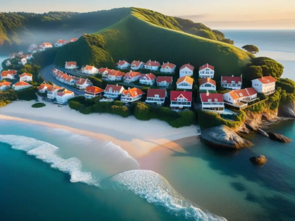 Encanto costero al atardecer: propiedades con techo rojo y playa serena Vista aérea de un pueblo costero al atardecer con propiedades y playa, ideal para refinanciamiento de propiedades costeras