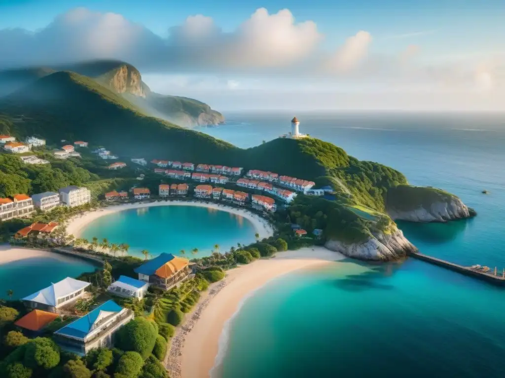 Escenas costeras: Segundas residencias y teletrabajo Vista aérea de un pueblo costero con segundas residencias y teletrabajo frente al mar